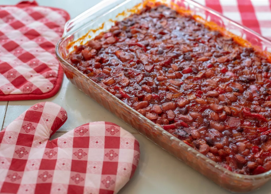 Barbecue Baked Beans In A Glass Casserole Dish
