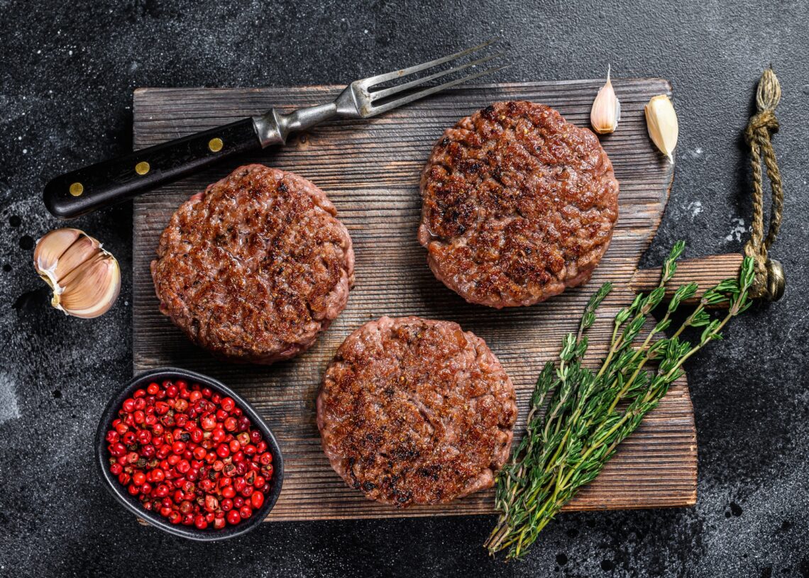 Bbq Grilled Beef Meat Patties For Burger From Mince Meat And Herbs On A Wooden Board