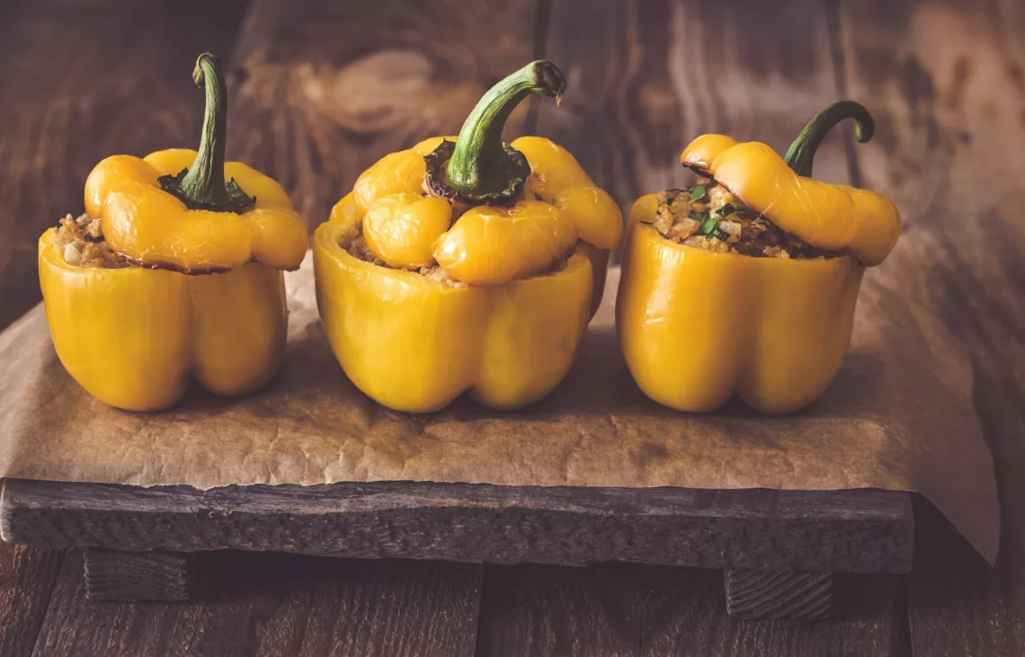 Quinoa Stuffed Peppers With Spiced Beef And Tahini Dressing
