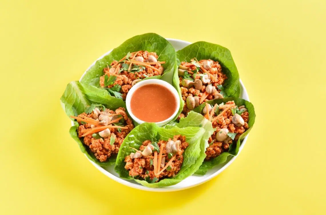 Authentic Sweet Thai Chili Turkey Lettuce Wraps In Yellow Background