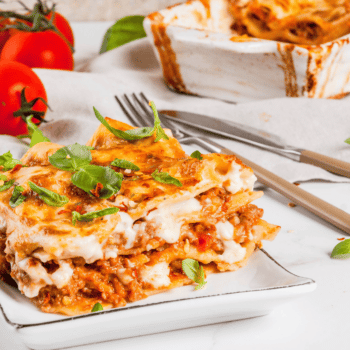 classic chicken lasagna on a white plate