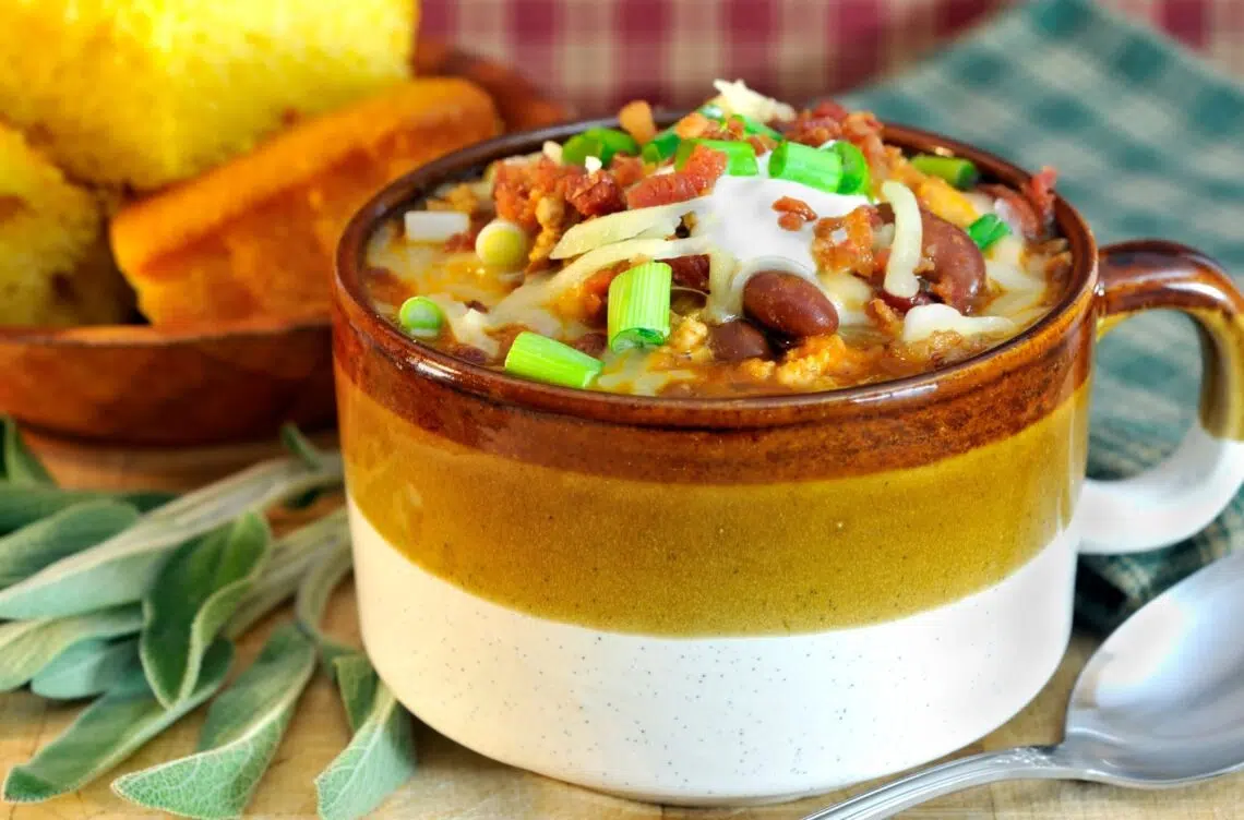 Healthy And Hearty Turkey Chili In A Brown Cup