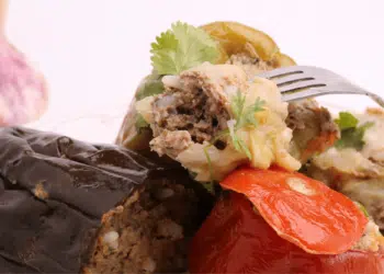 Stuffed Green Pepper, Tomatoes And Eggplants With Ground Beef And White Rice