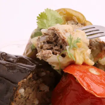 Stuffed Green Pepper, Tomatoes And Eggplants With Ground Beef And White Rice