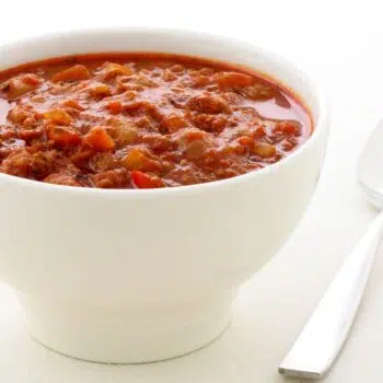 Authentic Keto Chili In White Bowl With Spoon
