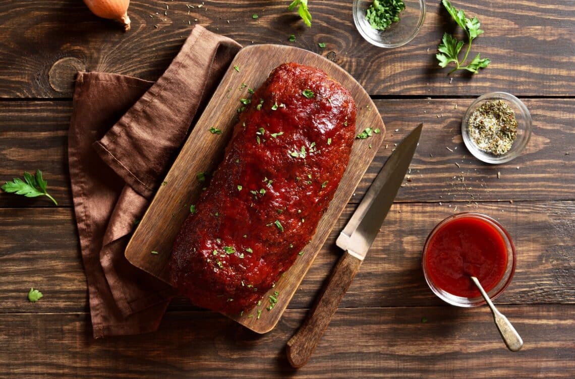 Healthy Meatloaf With A Small Bowl Of Ketchup On The Side