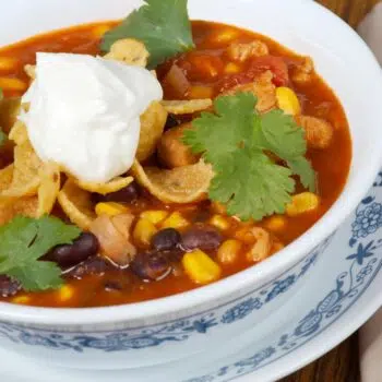 Easy Taco Soup Served In A White Bowl Topped With Greek Yogurt And Tortilla Chips