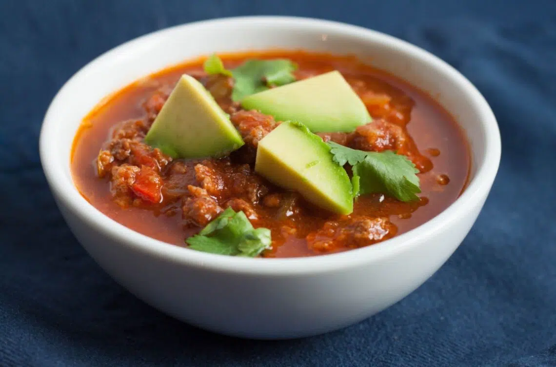 Heavenly Bison Sweet Potato Chili With Sliced Avcado