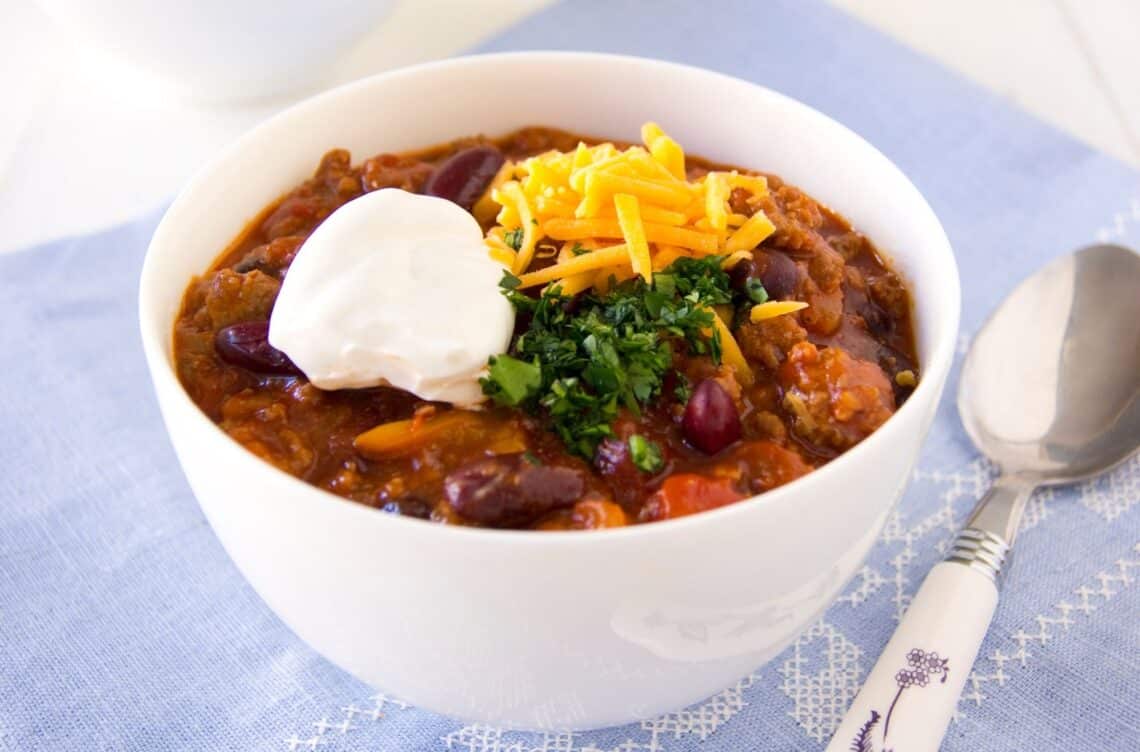 My Famous Turkey Chili in a bowl