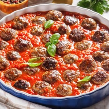 The Best Italian Meatballs With Marinara Sauce Served In A Large Serving Dish