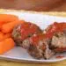 Easy Bbq Meatloaf Muffins On A White Plate With Carrots On The Side