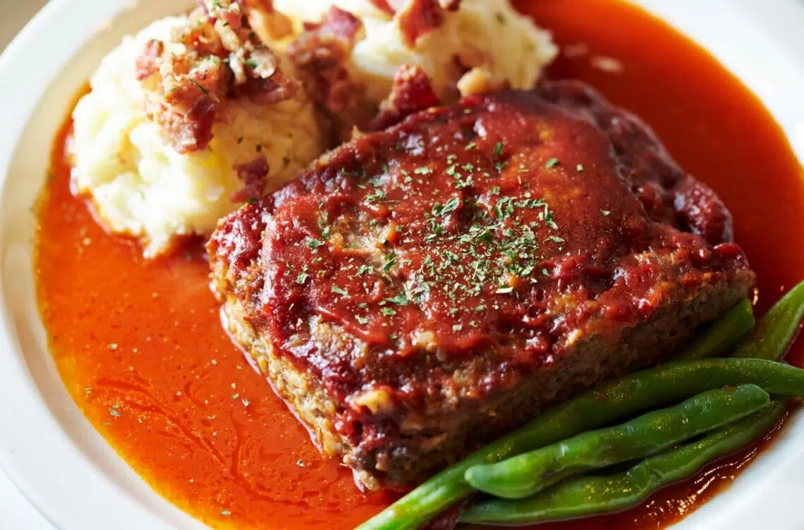 Ground Beef Meatloaf Recipe On A Plate With Mashed Potato And String Beans
