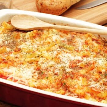delicious baked ziti served on a baking pan