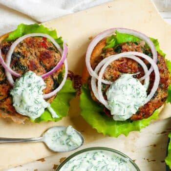Ground Beef Gyro Lettuce Wraps And Tzatziki Sauce Top View