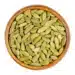 Green Cardamom Pods, Processed True Cardamom Seeds, In A Wooden Bowl