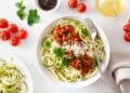 Easy Ground Turkey Carbonara With Zoodles On A White Plate