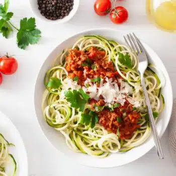 Easy Ground Turkey Carbonara With Zoodles On A White Plate
